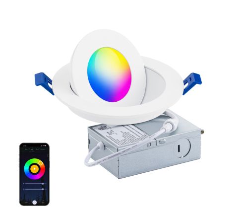 Color Smart Round LED RGBCW Color Changing + CCT Tunable 0-90 Degree Adjustable Smart Recessed Light and Housing for Remodel or New Construction