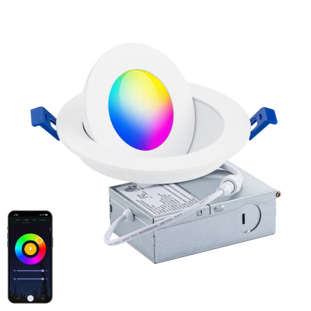 Color Smart Round LED RGBCW Color Changing + CCT Tunable 0-90 Degree Adjustable Smart Recessed Light and Housing for Remodel or New Construction