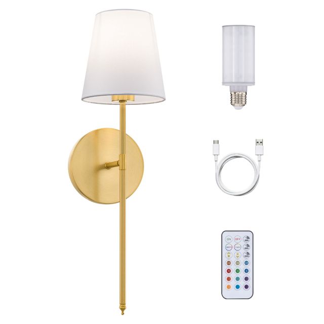 Wayfarer Wireless Wall Sconce with USB-C Rechargeable LED Lamp and White Tapered Fabric Shade