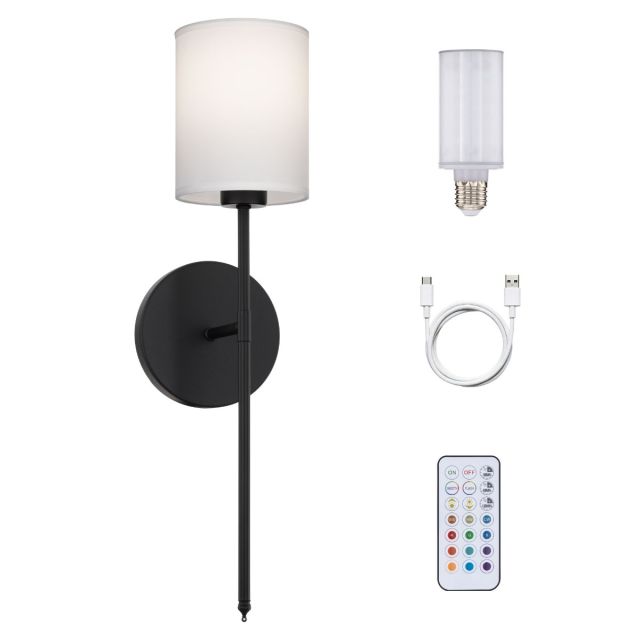Wayfarer Wireless Wall Sconce with USB-C Rechargeable LED Lamp and White Cylinder Fabric Shade