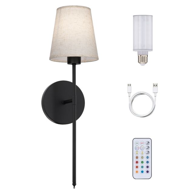 Wayfarer Wireless Wall Sconce with USB-C Rechargeable LED Lamp and Linen Tapered Fabric Shade