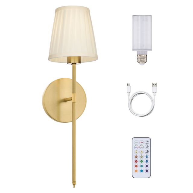 Wayfarer Wireless Wall Sconce with USB-C Rechargeable LED Lamp and Linen Pleated Fabric Shade